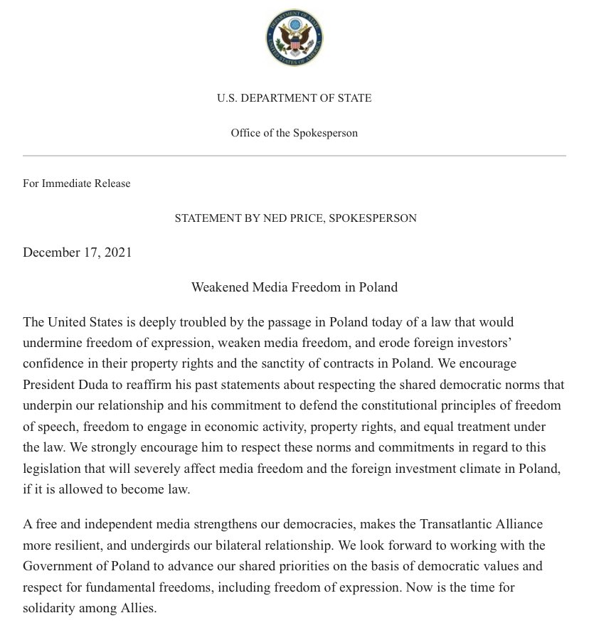 US deeply troubled by today's passage in Poland of a law that would undermine freedom of expression, weaken media freedom, and erode foreign investors' confidence in their property rights and the sanctity of contracts in Poland, says @StateDeptSpox