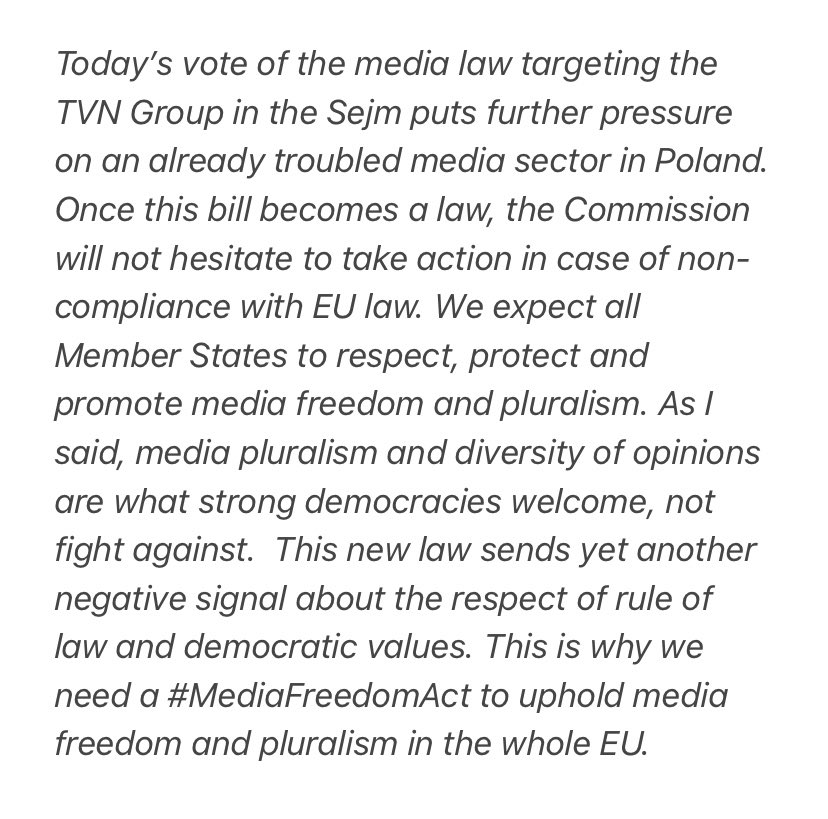 Vice-President for Values and Transparency in the 
@EU_Commission: Today's vote of the media law targeting the TVN Group in the Polish Sejm puts further pressure on an already troubled media sector in Poland. Once this bill becomes a law, the Commission will not hesitate to take action in case of non-compliance with EU law. 