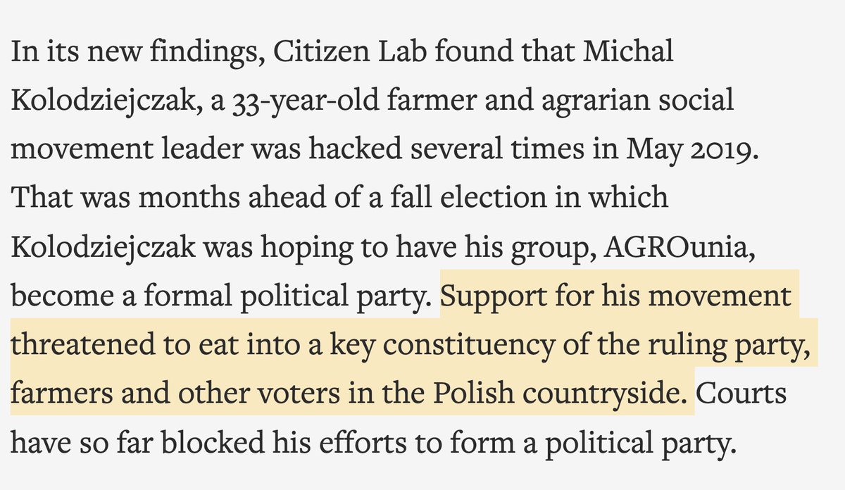 @citizenlab: we confirm 2 new cases of Pegasus hacking in Poland.  @EKOlodziejczak_  started a movement that threatened to eat away at ruling party's votes.  Tomasz Szwejgiert was writing a book about head of Poland's secret services.  Story: @VanessaGera