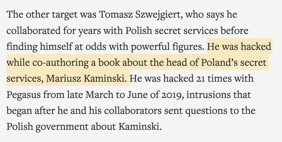 @citizenlab: we confirm 2 new cases of Pegasus hacking in Poland.  @EKOlodziejczak_  started a movement that threatened to eat away at ruling party's votes.  Tomasz Szwejgiert was writing a book about head of Poland's secret services.  Story: @VanessaGera