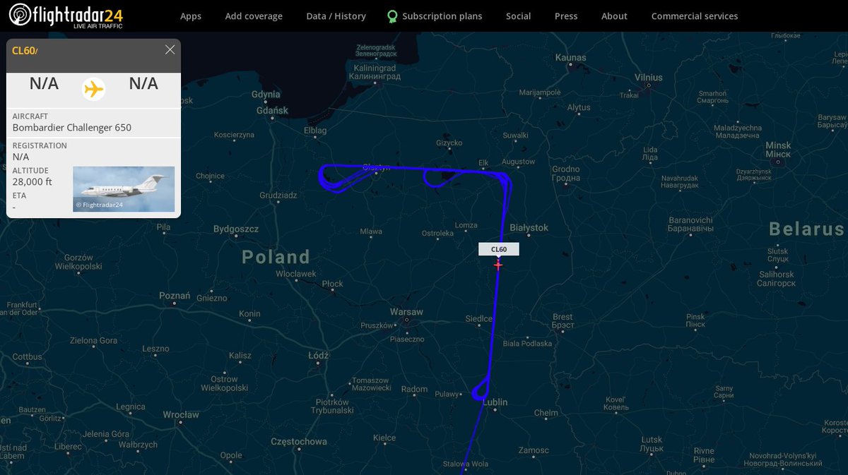 USArmy CL-600 ARTEMIS N488CR over Poland, watching Kaliningrad and Belarus