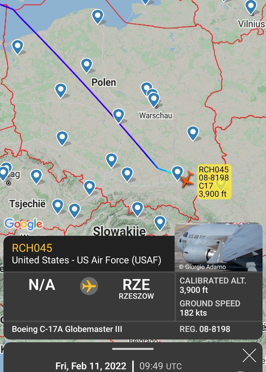 The United States Air Force C-17A Globemaster III seen in this image is 08-8198/RCH045 which arrived to Rzeszow in Poland earlier today around 10 UTC