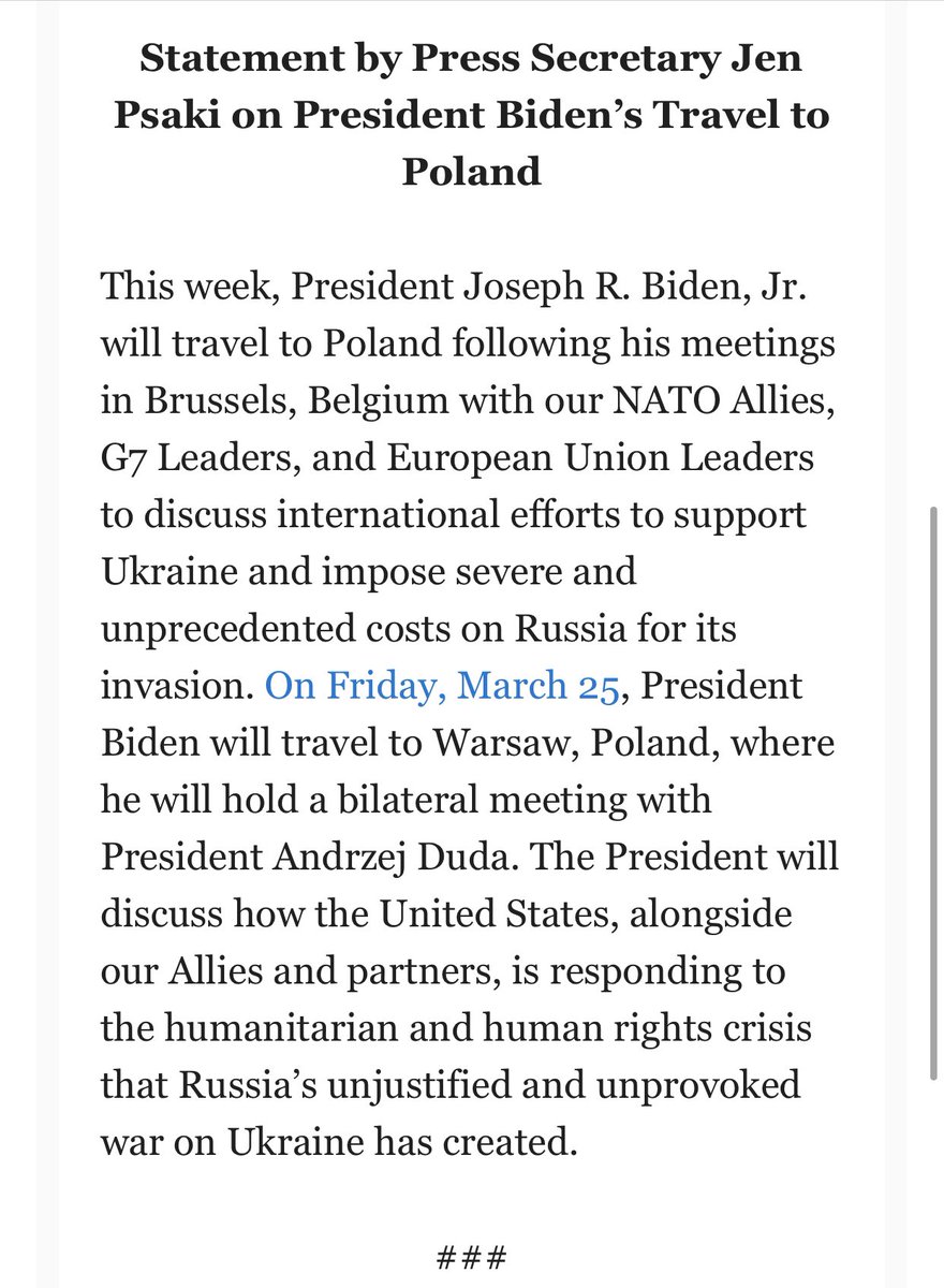 @PressSec абвяшчае візіт прэзідэнта ў Варшаву, Польшча, пасля яго сустрэч у Бруселі на гэтым тыдні