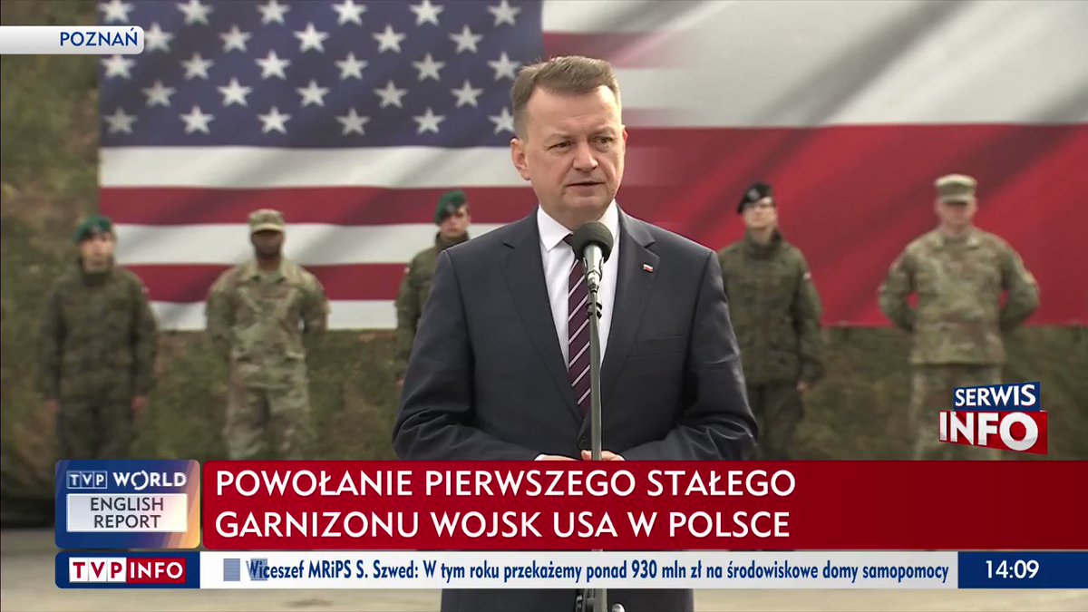 Vice Primo Ministro @mblaszczak, capo di @MON_GOV_PL: Oggi stiamo assistendo all'inaugurazione della presenza permanente della guarnigione statunitense sul suolo polacco. Questo è un evento importante nella storia della Polonia e delle relazioni polacco-americane. Apprezziamo molto il fatto che le truppe statunitensi siano permanentemente nel nostro paese