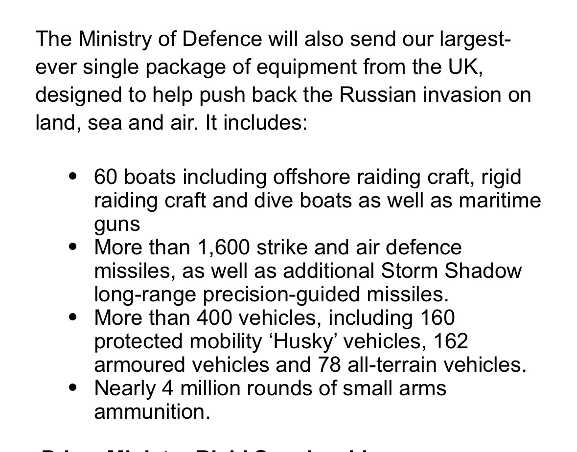 @RishiSunak annuncerà il più grande pacchetto di aiuti militari mai realizzato all'Ucraina in visita in Polonia: 500 milioni di sterline per l'Ucraina, 400 veicoli, 1.600 munizioni, 4 milioni di munizioni