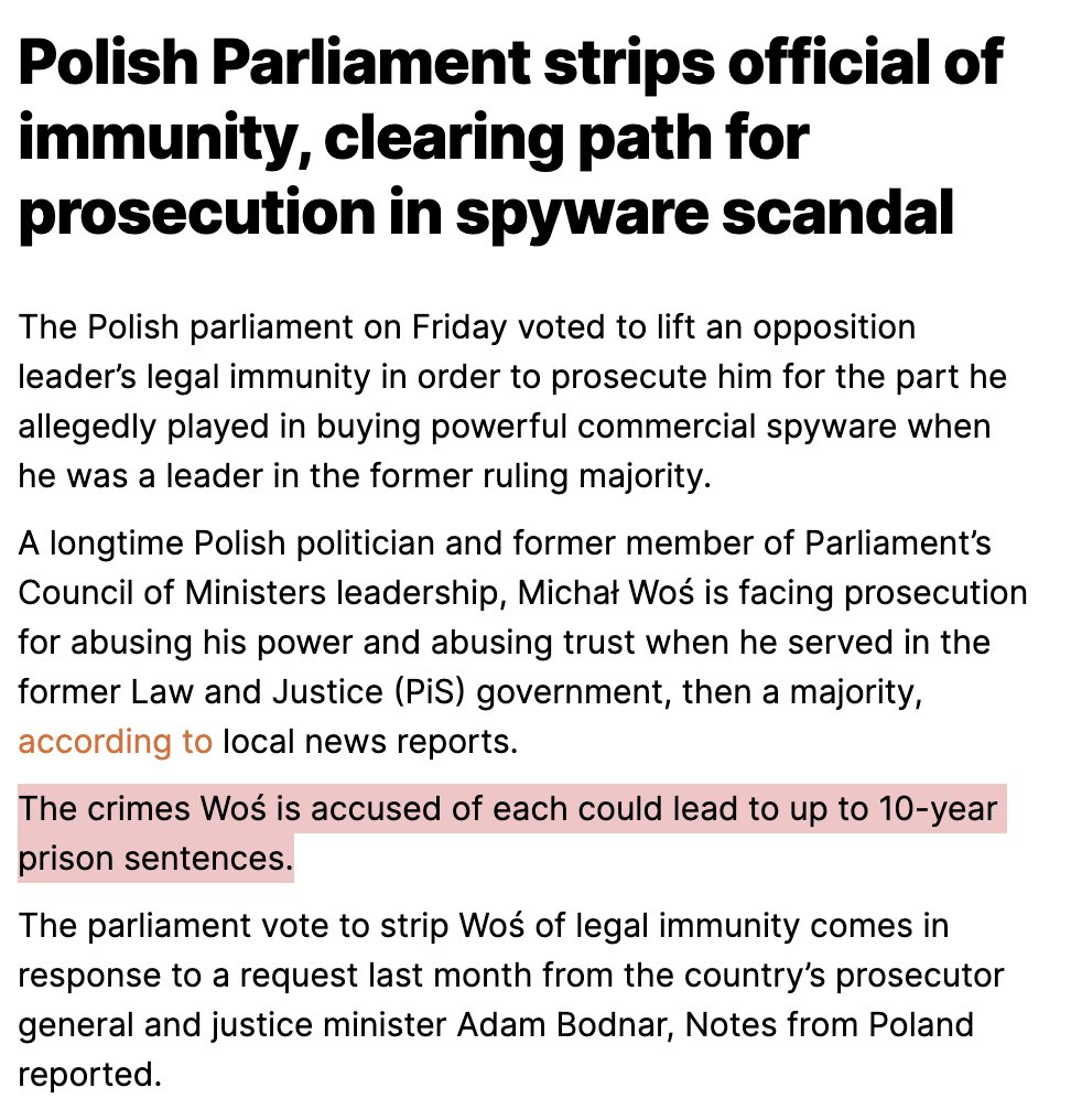 Parliament of Poland voted to strip immunity of official involved in purchasing Pegasus. Charges include diverting funds intended for *victims of crime, crime prevention & rehab* to pay for the  mercenary spyware