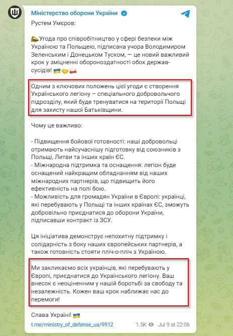 Ukrainan puolustusministeri Umerov kehottaa tällä hetkellä Euroopassa olevia ukrainalaisia liittymään Ukrainan legion -yksikköön, joka koulutetaan Puolassa