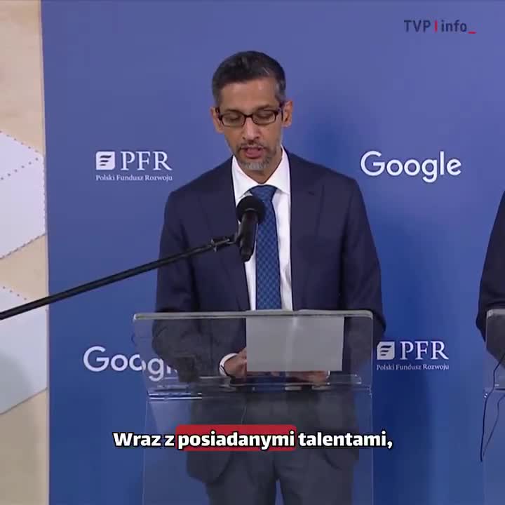 Estamos assinando um memorando sobre o uso de inteligência artificial nas áreas de energia, segurança cibernética e outras - disse o chefe da Alphabet e do Google, Sundar Pichai, em Varsóvia, após uma reunião com o primeiro-ministro @donaldtusk. Presumimos que, dessa forma, contribuiremos para o crescimento do PIB polonês em 8 por cento.